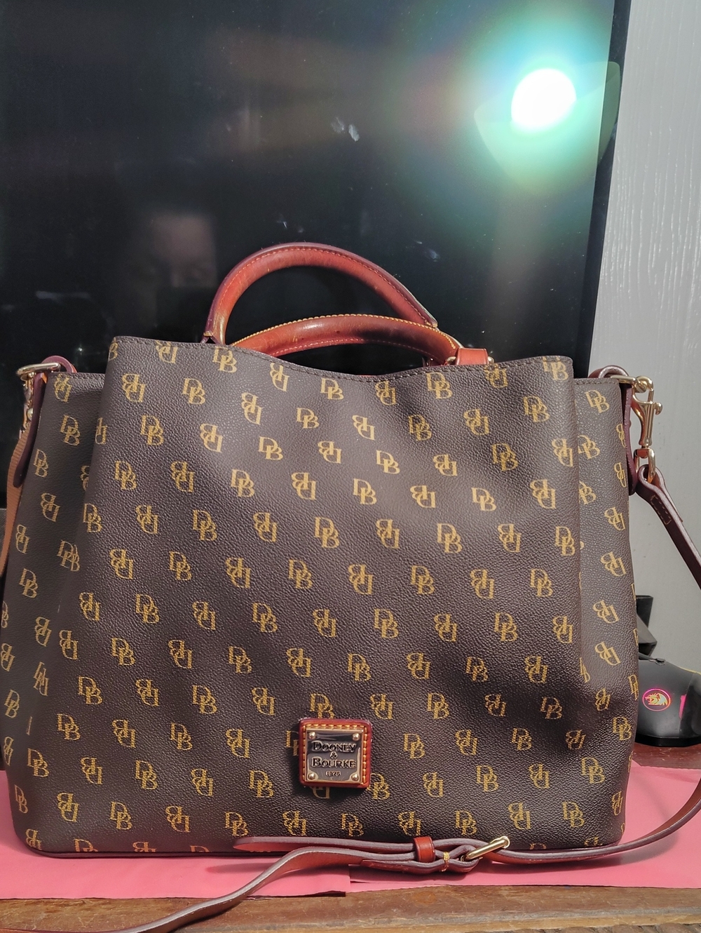 Dooney & Bourke Medium Brenna Brown & Gold Monogram Satchel with Leather Trim
